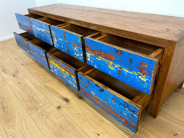 Boatwood by WMK # Wunderschönes Sideboard mit Schubladen, ein aus altem Bootsholz handgefertigtes Unikat aus massivem Teakholz # langes Lowboard Kommode TV-Lowboard TV-Bank Anrichte Bootsmöbel Teak