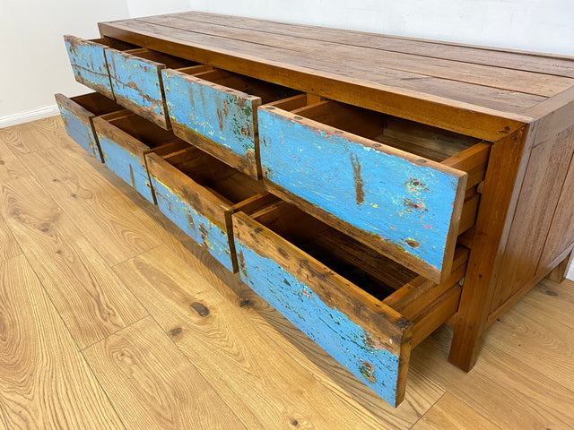 Boatwood by WMK # Meeresblaues Sideboard mit Schubladen, ein aus altem Bootsholz handgefertigtes Unikat aus massivem Teakholz # Kommode Lowboard TV-Lowboard TV-Bank Anrichte Bootsmöbel Teak