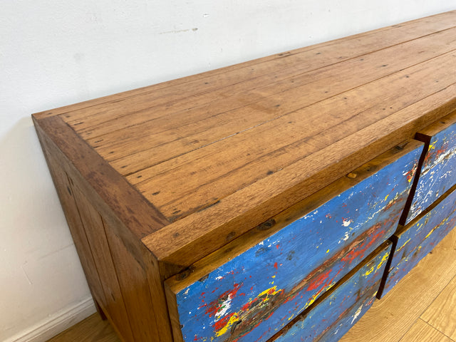 Boatwood by WMK # Wunderschönes Sideboard mit Schubladen, ein aus altem Bootsholz handgefertigtes Unikat aus massivem Teakholz # langes Lowboard Kommode TV-Lowboard TV-Bank Anrichte Bootsmöbel Teak