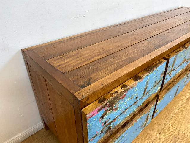 Boatwood by WMK # Meeresblaues Sideboard mit Schubladen, ein aus altem Bootsholz handgefertigtes Unikat aus massivem Teakholz # Kommode Lowboard TV-Lowboard TV-Bank Anrichte Bootsmöbel Teak