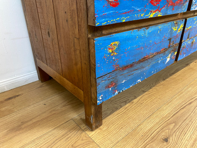 Boatwood by WMK # Wunderschönes Sideboard mit Schubladen, ein aus altem Bootsholz handgefertigtes Unikat aus massivem Teakholz # langes Lowboard Kommode TV-Lowboard TV-Bank Anrichte Bootsmöbel Teak
