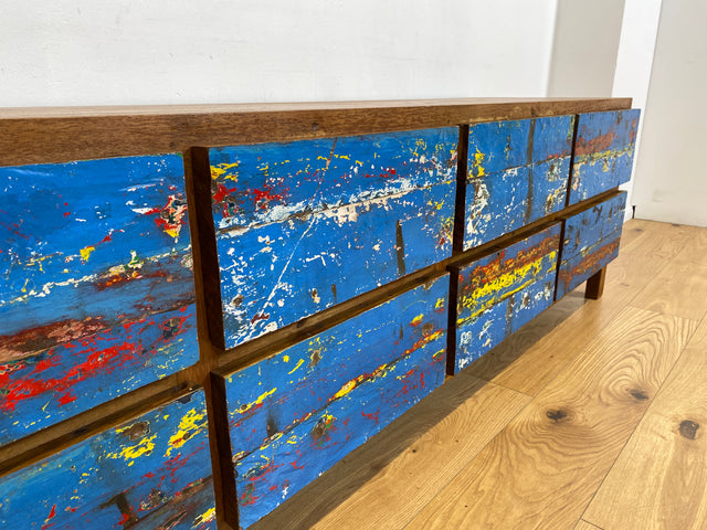 Boatwood by WMK # Wunderschönes Sideboard mit Schubladen, ein aus altem Bootsholz handgefertigtes Unikat aus massivem Teakholz # langes Lowboard Kommode TV-Lowboard TV-Bank Anrichte Bootsmöbel Teak