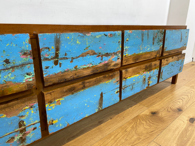 Boatwood by WMK # Meeresblaues Sideboard mit Schubladen, ein aus altem Bootsholz handgefertigtes Unikat aus massivem Teakholz # Kommode Lowboard TV-Lowboard TV-Bank Anrichte Bootsmöbel Teak