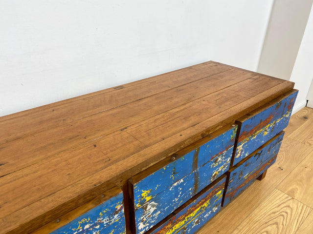 Boatwood by WMK # Wunderschönes Sideboard mit Schubladen, ein aus altem Bootsholz handgefertigtes Unikat aus massivem Teakholz # langes Lowboard Kommode TV-Lowboard TV-Bank Anrichte Bootsmöbel Teak