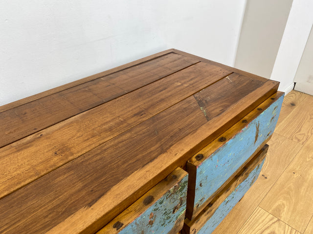 Boatwood by WMK # Meeresblaues Sideboard mit Schubladen, ein aus altem Bootsholz handgefertigtes Unikat aus massivem Teakholz # Kommode Lowboard TV-Lowboard TV-Bank Anrichte Bootsmöbel Teak