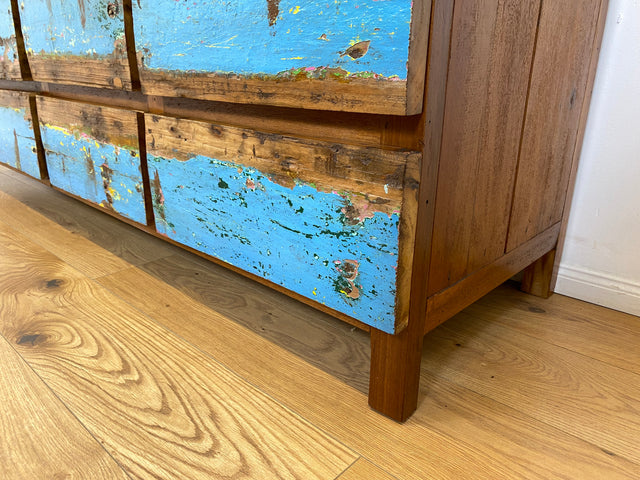 Boatwood by WMK # Meeresblaues Sideboard mit Schubladen, ein aus altem Bootsholz handgefertigtes Unikat aus massivem Teakholz # Kommode Lowboard TV-Lowboard TV-Bank Anrichte Bootsmöbel Teak