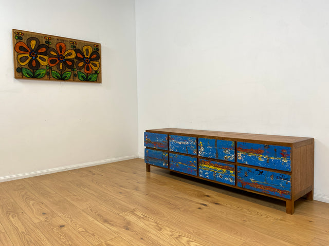 Boatwood by WMK # Wunderschönes Sideboard mit Schubladen, ein aus altem Bootsholz handgefertigtes Unikat aus massivem Teakholz # langes Lowboard Kommode TV-Lowboard TV-Bank Anrichte Bootsmöbel Teak