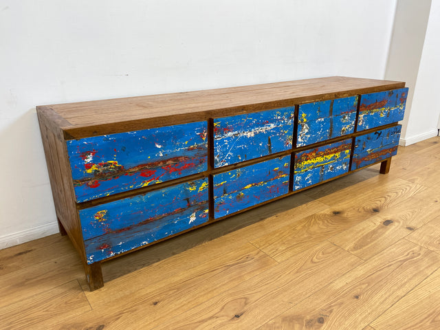 Boatwood by WMK # Wunderschönes Sideboard mit Schubladen, ein aus altem Bootsholz handgefertigtes Unikat aus massivem Teakholz # langes Lowboard Kommode TV-Lowboard TV-Bank Anrichte Bootsmöbel Teak
