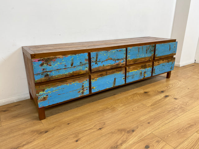Boatwood by WMK # Meeresblaues Sideboard mit Schubladen, ein aus altem Bootsholz handgefertigtes Unikat aus massivem Teakholz # Kommode Lowboard TV-Lowboard TV-Bank Anrichte Bootsmöbel Teak