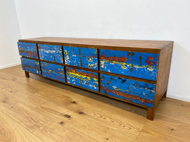 Boatwood by WMK # Wunderschönes Sideboard mit Schubladen, ein aus altem Bootsholz handgefertigtes Unikat aus massivem Teakholz # langes Lowboard Kommode TV-Lowboard TV-Bank Anrichte Bootsmöbel Teak