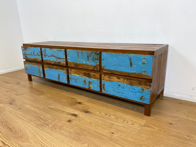 Boatwood by WMK # Meeresblaues Sideboard mit Schubladen, ein aus altem Bootsholz handgefertigtes Unikat aus massivem Teakholz # Kommode Lowboard TV-Lowboard TV-Bank Anrichte Bootsmöbel Teak