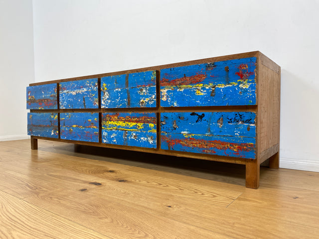 Boatwood by WMK # Wunderschönes Sideboard mit Schubladen, ein aus altem Bootsholz handgefertigtes Unikat aus massivem Teakholz # langes Lowboard Kommode TV-Lowboard TV-Bank Anrichte Bootsmöbel Teak