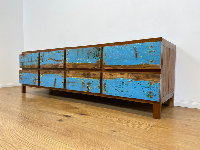 Boatwood by WMK # Meeresblaues Sideboard mit Schubladen, ein aus altem Bootsholz handgefertigtes Unikat aus massivem Teakholz # Kommode Lowboard TV-Lowboard TV-Bank Anrichte Bootsmöbel Teak