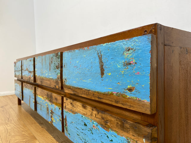 Boatwood by WMK # Meeresblaues Sideboard mit Schubladen, ein aus altem Bootsholz handgefertigtes Unikat aus massivem Teakholz # Kommode Lowboard TV-Lowboard TV-Bank Anrichte Bootsmöbel Teak