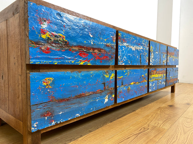 Boatwood by WMK # Wunderschönes Sideboard mit Schubladen, ein aus altem Bootsholz handgefertigtes Unikat aus massivem Teakholz # langes Lowboard Kommode TV-Lowboard TV-Bank Anrichte Bootsmöbel Teak