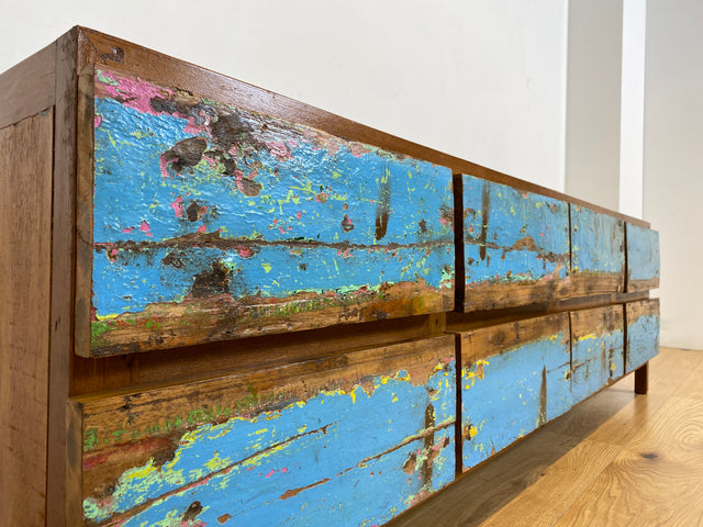 Boatwood by WMK # Meeresblaues Sideboard mit Schubladen, ein aus altem Bootsholz handgefertigtes Unikat aus massivem Teakholz # Kommode Lowboard TV-Lowboard TV-Bank Anrichte Bootsmöbel Teak