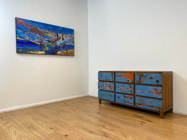 Boatwood by WMK # Wunderschönes & nachhaltiges Sideboard mit 9 Schubladen, ein aus altem Bootsholz handgefertigtes Unikat aus massivem Teakholz # Wäschekommode Kommode Schrank Anrichte Bootsmöbel Teak