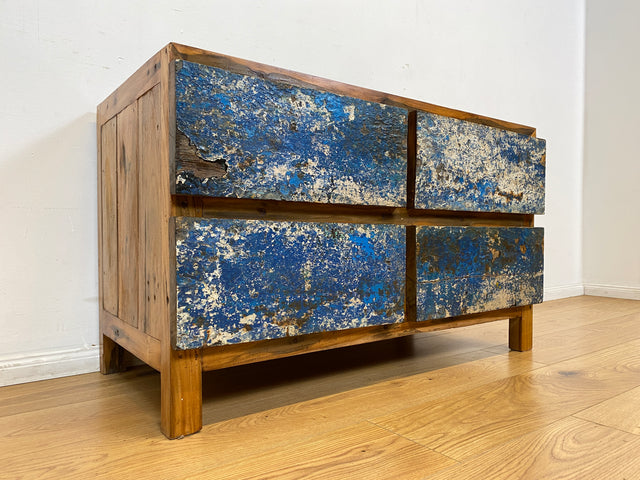Boatwood by WMK I Besonders schönes Sideboard mit Schubladen in Blau I handmade Unikat aus altem Bootsholz I Teakholz massiv I Wäschekommode Schuladenkommode Lowboard Kommode TV Berlin Passau Rostock