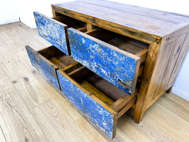 Boatwood by WMK I Besonders schönes Sideboard mit Schubladen in Blau I handmade Unikat aus altem Bootsholz I Teakholz massiv I Wäschekommode Schuladenkommode Lowboard Kommode TV Berlin Passau Rostock