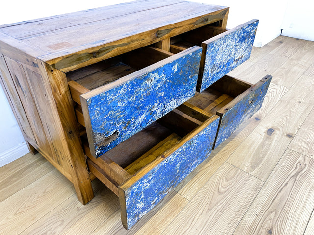 Boatwood by WMK I Besonders schönes Sideboard mit Schubladen in Blau I handmade Unikat aus altem Bootsholz I Teakholz massiv I Wäschekommode Schuladenkommode Lowboard Kommode TV Berlin Passau Rostock