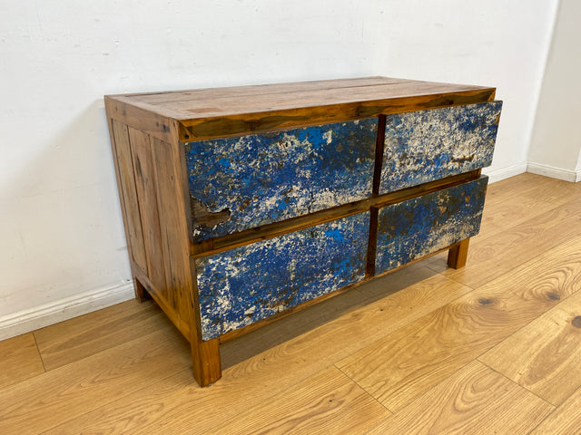 Boatwood by WMK I Besonders schönes Sideboard mit Schubladen in Blau I handmade Unikat aus altem Bootsholz I Teakholz massiv I Wäschekommode Schuladenkommode Lowboard Kommode TV Berlin Passau Rostock