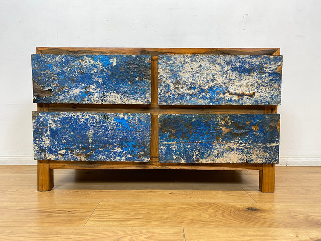 Boatwood by WMK I Besonders schönes Sideboard mit Schubladen in Blau I handmade Unikat aus altem Bootsholz I Teakholz massiv I Wäschekommode Schuladenkommode Lowboard Kommode TV Berlin Passau Rostock