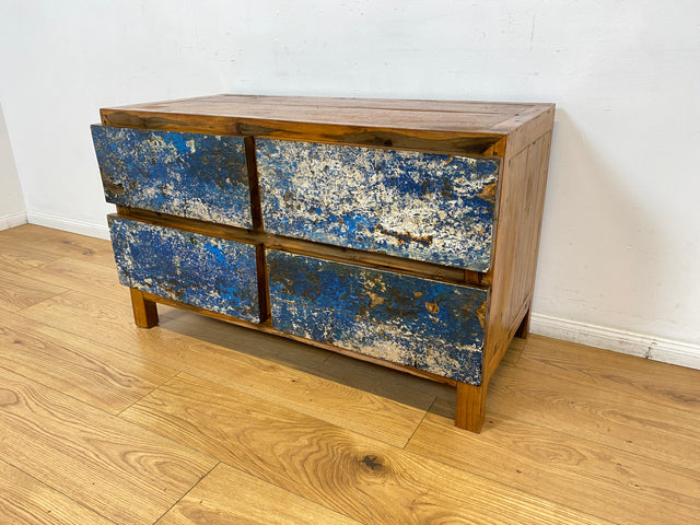 Boatwood by WMK I Besonders schönes Sideboard mit Schubladen in Blau I handmade Unikat aus altem Bootsholz I Teakholz massiv I Wäschekommode Schuladenkommode Lowboard Kommode TV Berlin Passau Rostock