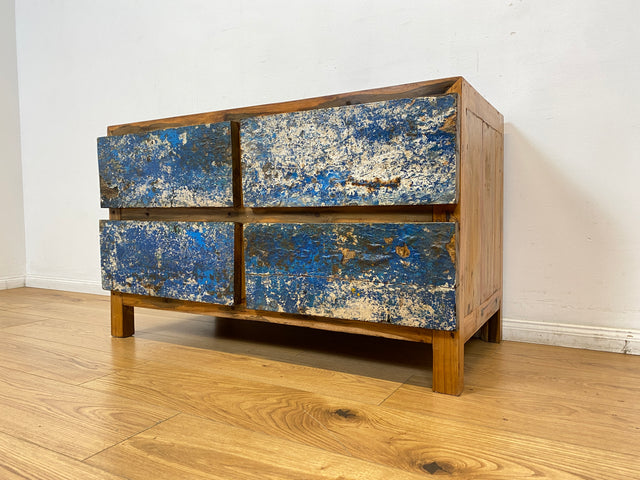 Boatwood by WMK I Besonders schönes Sideboard mit Schubladen in Blau I handmade Unikat aus altem Bootsholz I Teakholz massiv I Wäschekommode Schuladenkommode Lowboard Kommode TV Berlin Passau Rostock