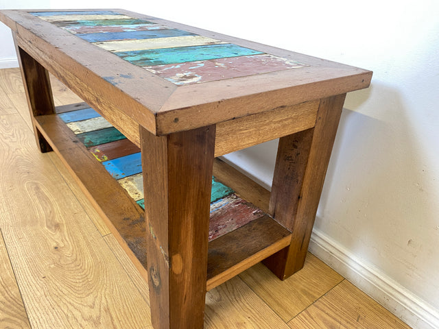 Boatwood by WMK I Sehr schöne Sitzbank aus altem Bootsholz in Originalfarben I Bank Schuhregal Küchenbank Schuhschrank Holzbank Holzregal Regal Flur Blumenregal Blumenbank Treibholz Berlin Halle Köln