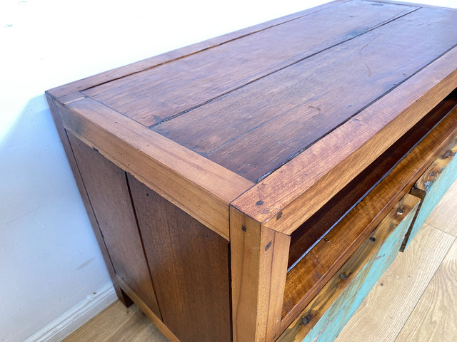 Boatwood by WMK I Besonders TV Lowboard mit Schubladen in Meeresblau I handgefertigtes Unikat aus altem Bootsholz I Teakholz massiv I Sideboard Kommode Bank Rack Fernsehkommode Berlin Augsburg Hamburg