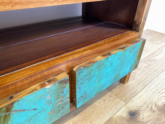 Boatwood by WMK I Besonders TV Lowboard mit Schubladen in Meeresblau I handgefertigtes Unikat aus altem Bootsholz I Teakholz massiv I Sideboard Kommode Bank Rack Fernsehkommode Berlin Augsburg Hamburg