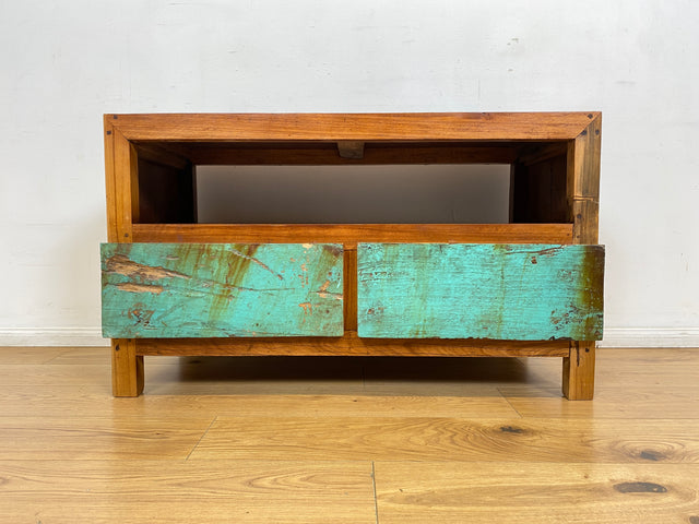 Boatwood by WMK I Besonders TV Lowboard mit Schubladen in Meeresblau I handgefertigtes Unikat aus altem Bootsholz I Teakholz massiv I Sideboard Kommode Bank Rack Fernsehkommode Berlin Augsburg Hamburg