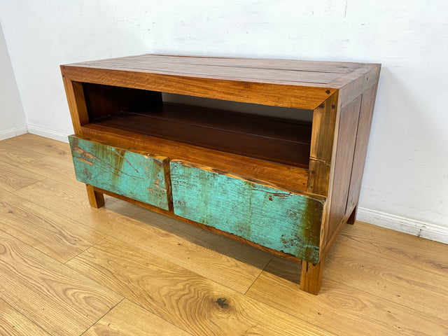 Boatwood by WMK I Besonders TV Lowboard mit Schubladen in Meeresblau I handgefertigtes Unikat aus altem Bootsholz I Teakholz massiv I Sideboard Kommode Bank Rack Fernsehkommode Berlin Augsburg Hamburg