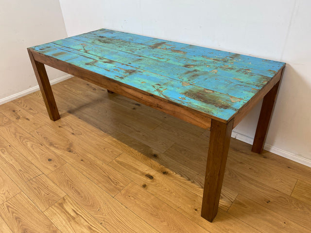 Einzigartiger 200x90cm großer meeresblauer Esstisch handgefertigt aus altem Bootsholz I Teakholz massiv I Tisch Küchentisch Gartentisch Holztisch Dining Table I