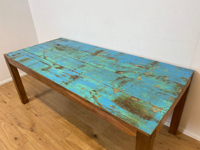 Einzigartiger 200x90cm großer meeresblauer Esstisch handgefertigt aus altem Bootsholz I Teakholz massiv I Tisch Küchentisch Gartentisch Holztisch Dining Table I
