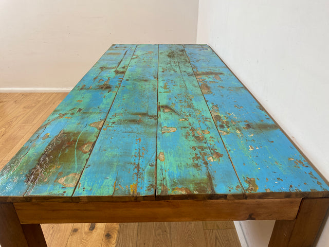 Einzigartiger 200x90cm großer meeresblauer Esstisch handgefertigt aus altem Bootsholz I Teakholz massiv I Tisch Küchentisch Gartentisch Holztisch Dining Table I