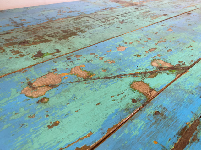 Einzigartiger 200x90cm großer meeresblauer Esstisch handgefertigt aus altem Bootsholz I Teakholz massiv I Tisch Küchentisch Gartentisch Holztisch Dining Table I