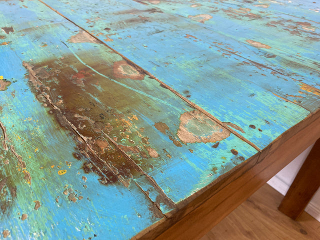 Einzigartiger 200x90cm großer meeresblauer Esstisch handgefertigt aus altem Bootsholz I Teakholz massiv I Tisch Küchentisch Gartentisch Holztisch Dining Table I