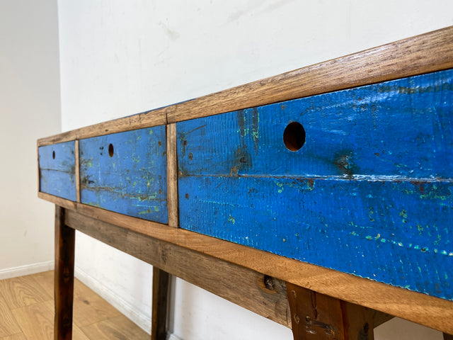 Boatwood by WMK I Einzigartige blaue Konsole handgefertigt aus altem Bootsholz in Originalfarbe mit Schubladen