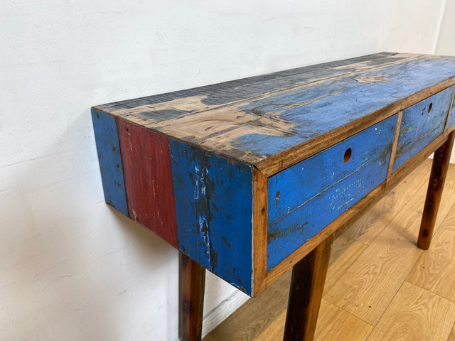 Boatwood by WMK I Einzigartige blaue Konsole handgefertigt aus altem Bootsholz in Originalfarbe mit Schubladen