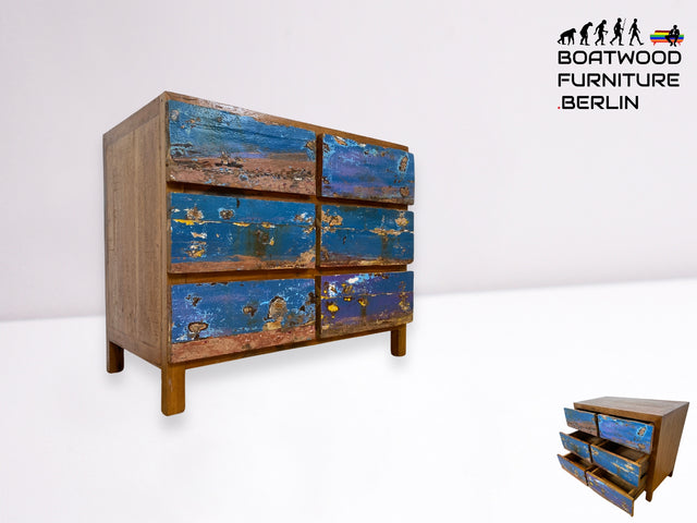 Boatwood by WMK I Besonders schöne handgefertigte Kommode aus altem Bootsholz mit 6 Schubladen I Sideboard TV Lowboard Anrichte Schubladenkommode Wäschekommode Fernsehschrank I Berlin Dresden Bayern