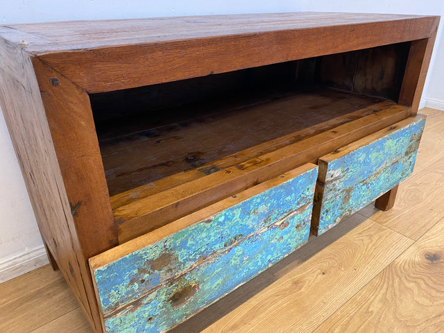 Boatwood by WMK I Meeresblaues TV Lowboard mit Schubladen & Fach I handgefertigt aus altem Bootsholz I Teakholz massiv I Sideboard Kommode Bank Rack Stand Fernsehkommode Berlin Leipzig Recklinghausen