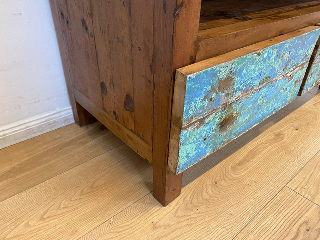 Boatwood by WMK I Meeresblaues TV Lowboard mit Schubladen & Fach I handgefertigt aus altem Bootsholz I Teakholz massiv I Sideboard Kommode Bank Rack Stand Fernsehkommode Berlin Leipzig Recklinghausen