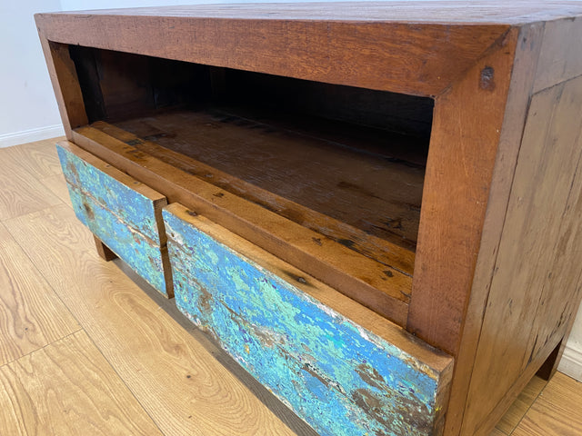 Boatwood by WMK I Meeresblaues TV Lowboard mit Schubladen & Fach I handgefertigt aus altem Bootsholz I Teakholz massiv I Sideboard Kommode Bank Rack Stand Fernsehkommode Berlin Leipzig Recklinghausen