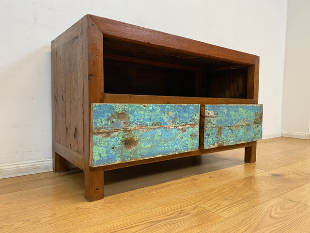 Boatwood by WMK I Meeresblaues TV Lowboard mit Schubladen & Fach I handgefertigt aus altem Bootsholz I Teakholz massiv I Sideboard Kommode Bank Rack Stand Fernsehkommode Berlin Leipzig Recklinghausen