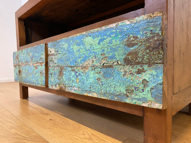 Boatwood by WMK I Meeresblaues TV Lowboard mit Schubladen & Fach I handgefertigt aus altem Bootsholz I Teakholz massiv I Sideboard Kommode Bank Rack Stand Fernsehkommode Berlin Leipzig Recklinghausen