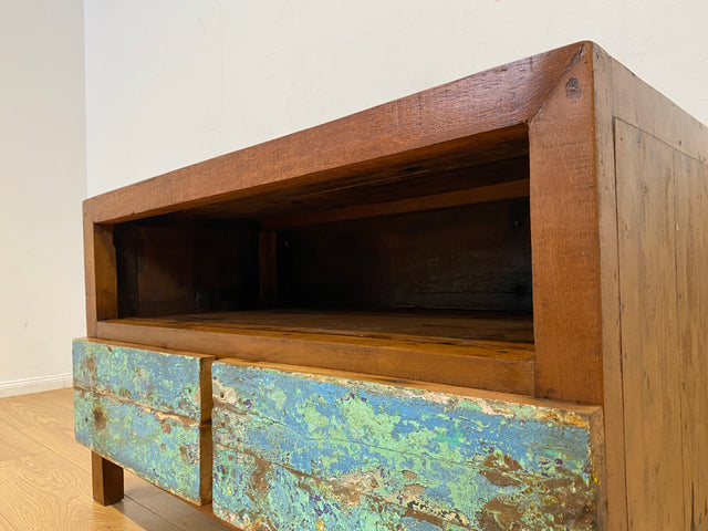 Boatwood by WMK I Meeresblaues TV Lowboard mit Schubladen & Fach I handgefertigt aus altem Bootsholz I Teakholz massiv I Sideboard Kommode Bank Rack Stand Fernsehkommode Berlin Leipzig Recklinghausen