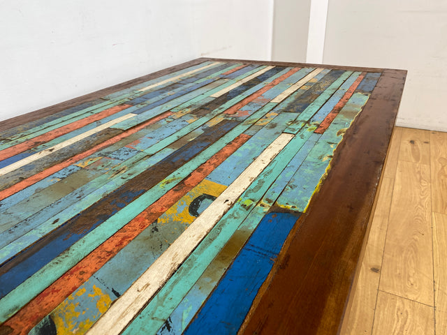 Boatwood by WMK I Nachhaltiger Patchwork Esstisch 150x90 handgefertigt aus altem Bootsholz in Originalfarben