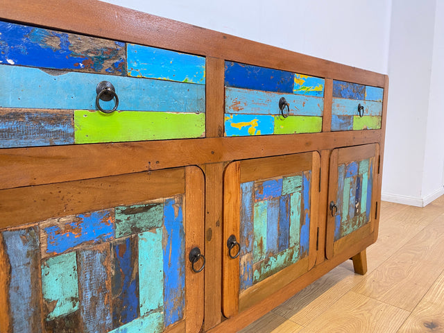 Boatwood by WMK I Nachhaltiges handgefertigtes Sideboard aus altem Bootsholz mit Schubladen I Teakholz massiv I Kommode TV Lowboard Fernsehkommode Wäschekommode Schrank Bootsmöbel Berlin Kiel Bremen