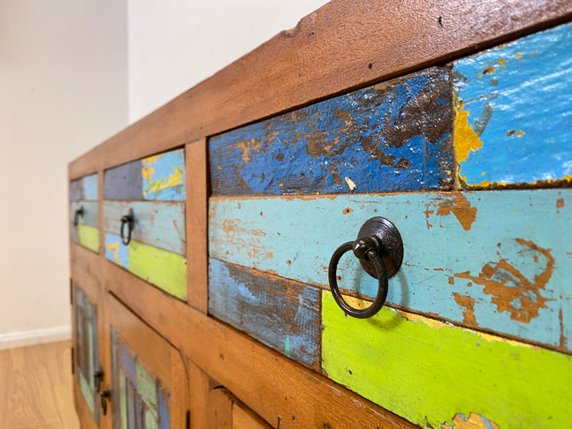 Boatwood by WMK I Nachhaltiges handgefertigtes Sideboard aus altem Bootsholz mit Schubladen I Teakholz massiv I Kommode TV Lowboard Fernsehkommode Wäschekommode Schrank Bootsmöbel Berlin Kiel Bremen